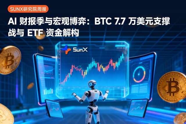 SunX 研究院周报｜AI 财报季与宏观博弈：BTC 7.7 万美元支撑战与 ETF 资金解构