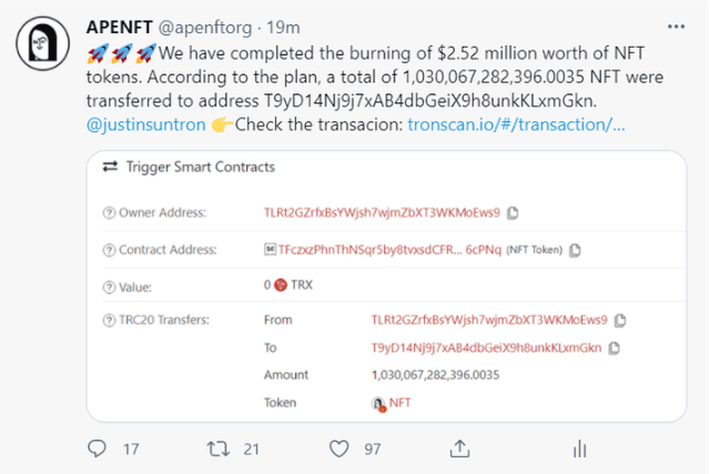APENFT基金会完成252万美元金额NFT回购和销毁